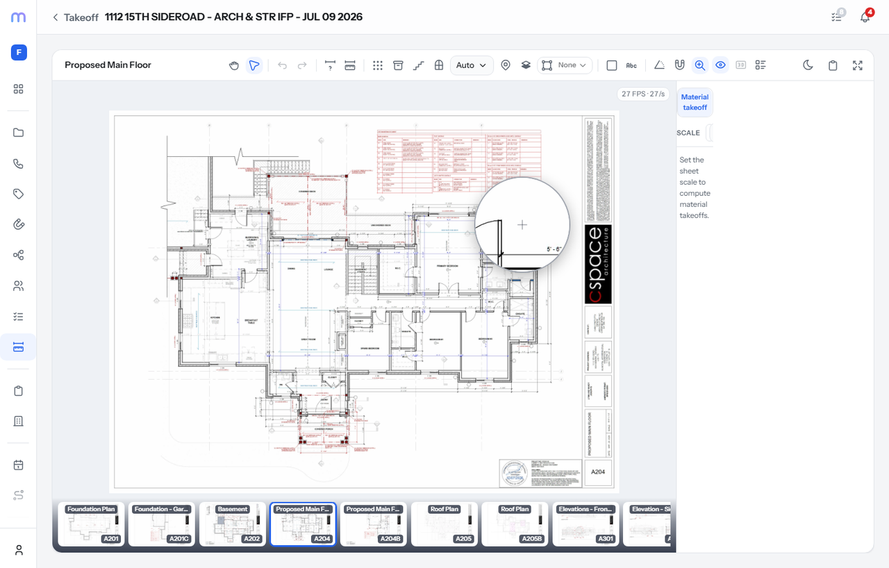 draft.build material takeoff and layer view on a construction plan